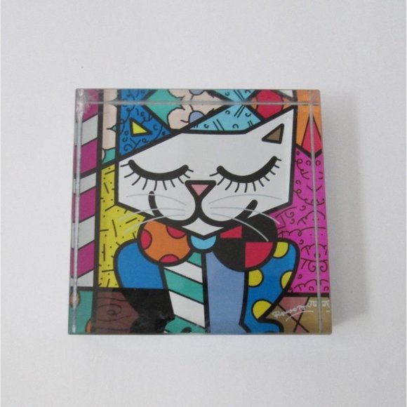 Britto Happy Cat Paperweight Remero Abstract Art Square Glass -Flaws- - Picture 2 of 7